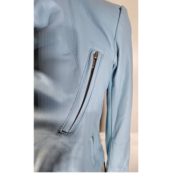 VEDA Asymmetrical Zip Leather Moto Jacket, Sky Blue, Women’s Size Medium - Picture 8 of 13